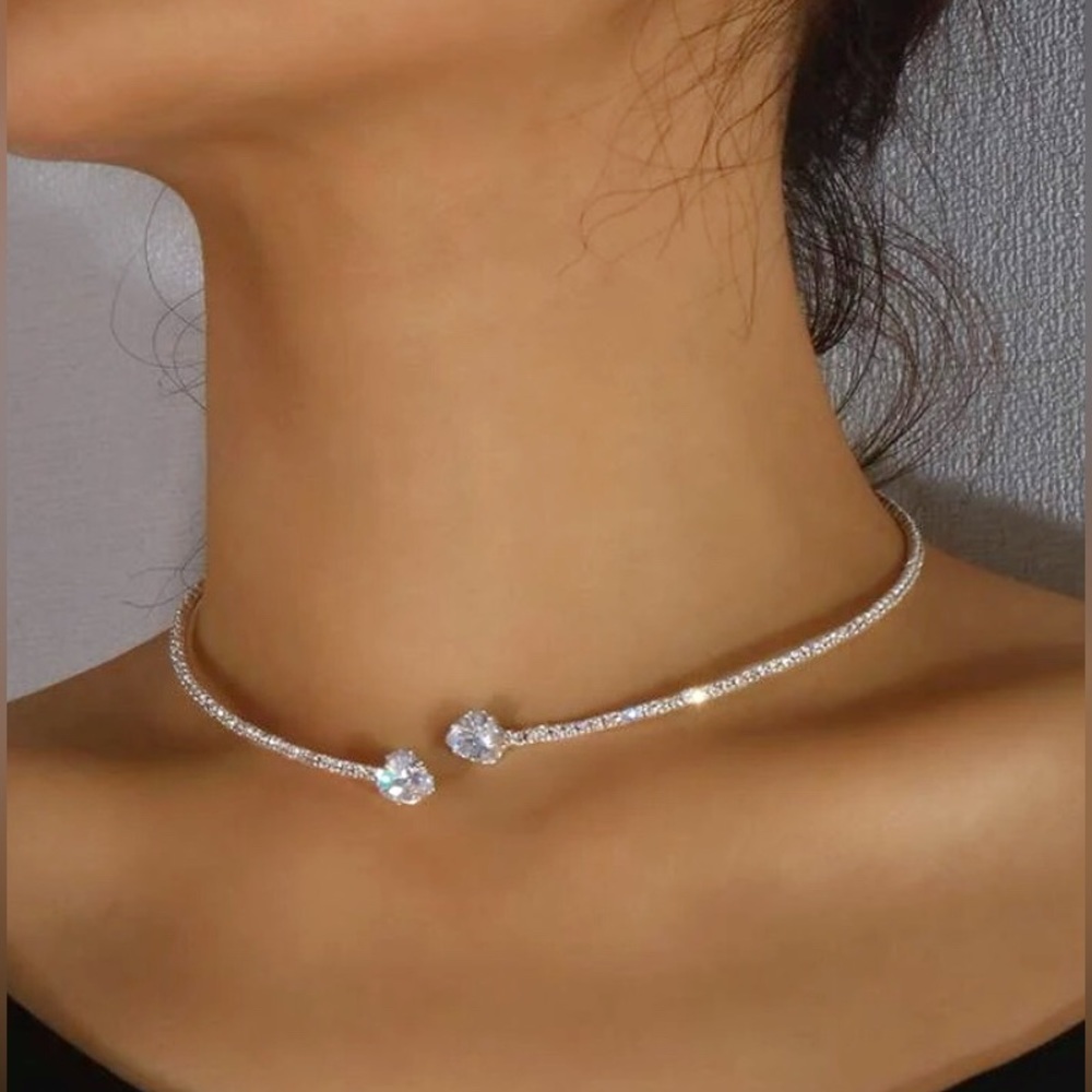 New Crystal & Cubic Zirconia Heart Accented Open Cuff Pave Choker Necklace - Picture 2 of 16